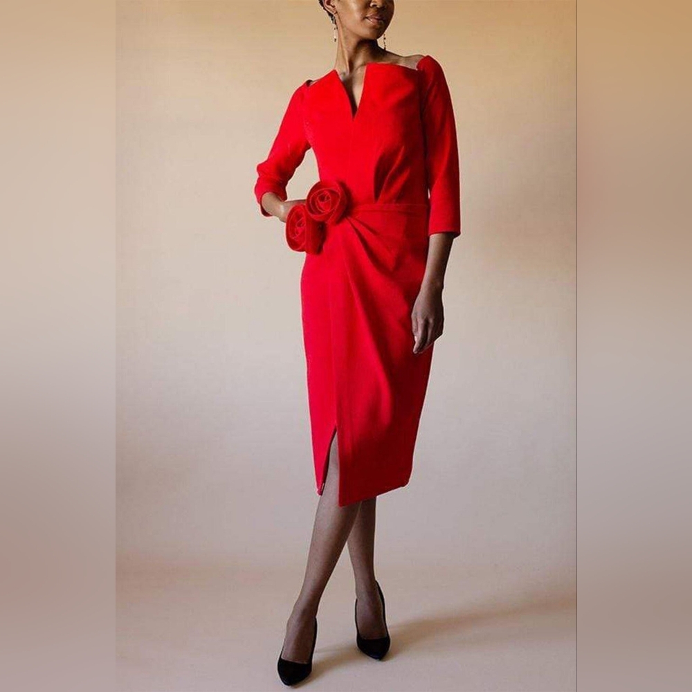 ^$3,490 OSCAR DE LA RENTA RED WOOL ROSETTE ELEGANT DRESS US 0 - Picture 3 of 10